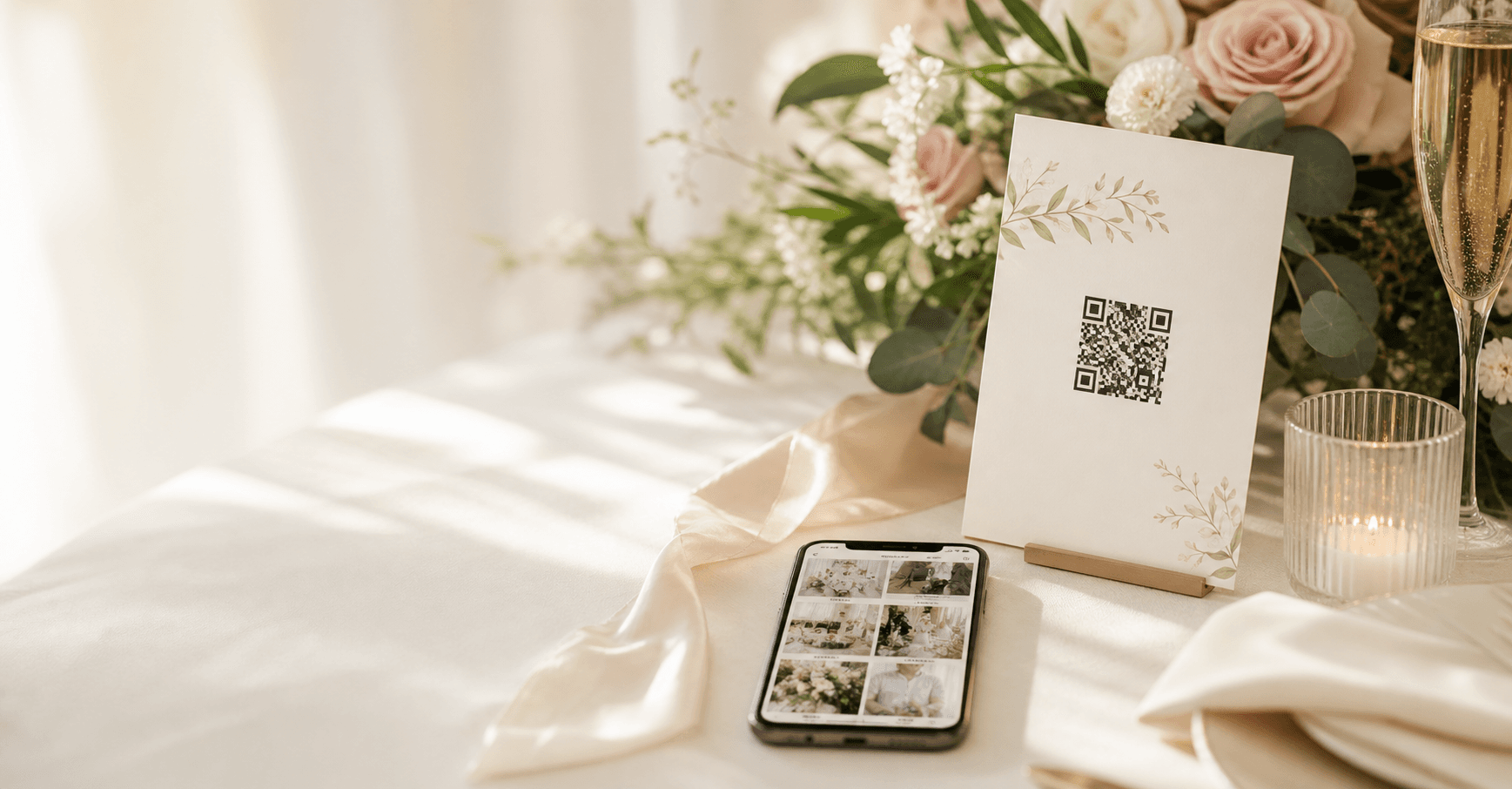 QR koda in mobilna galerija na poročni mizi